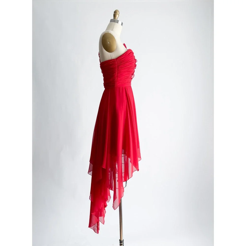 Bee Darlin Dress One Shoulder 3D Floral High Low Red Chiffon Prom Party Vintage